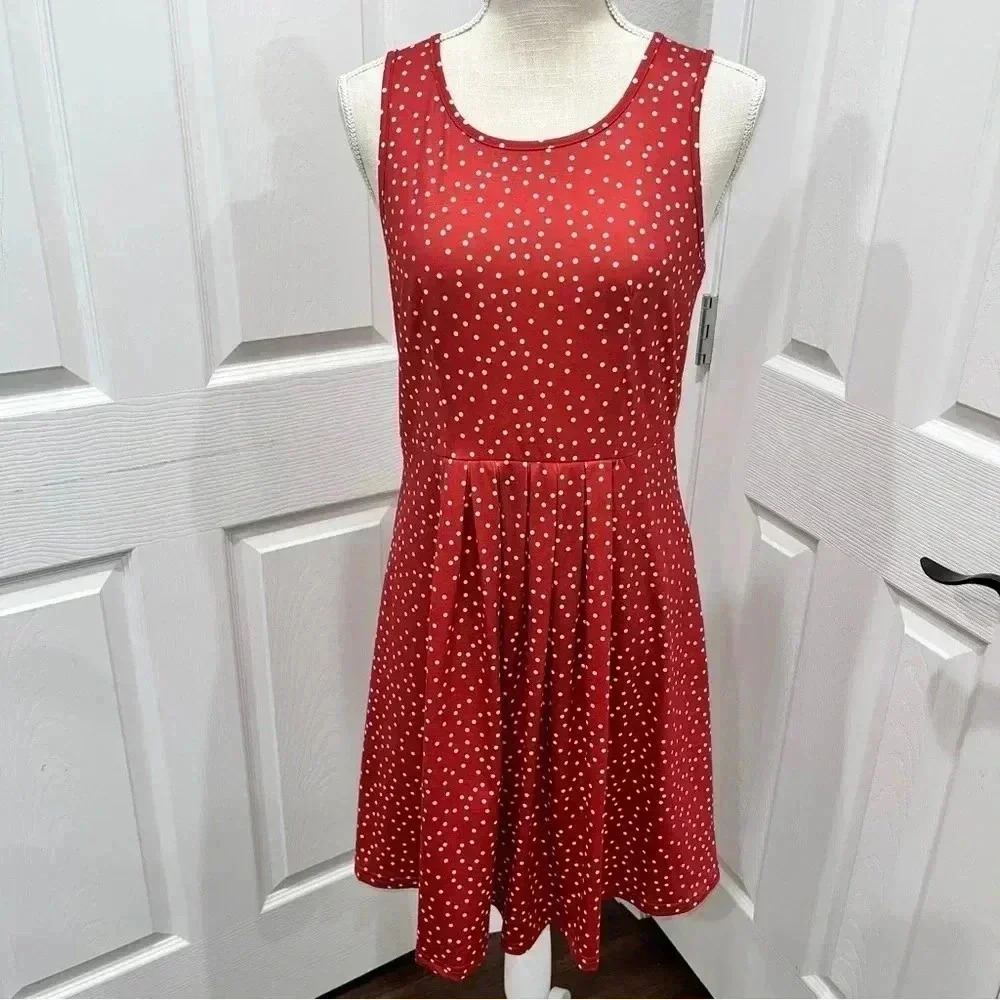 Polka dot Midi dress, cotton spandex blend, sleeveless, pleated waist